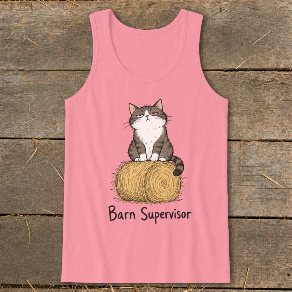 Pink tank top with a grumpy cat sitting on a hay bale, text "Barn Supervisor".