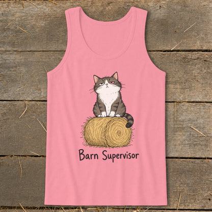 Pink tank top with a grumpy cat sitting on a hay bale, text "Barn Supervisor".