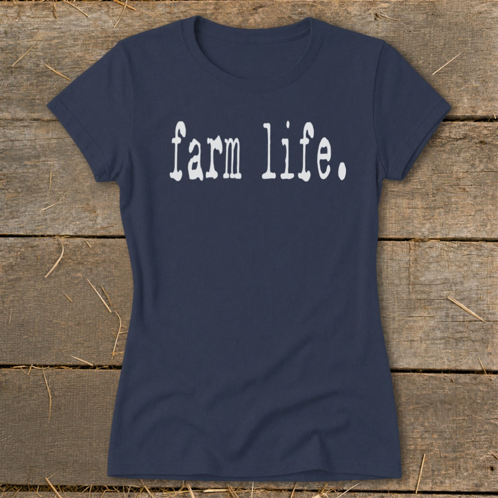 Navy t-shirt with white text reading "farm life."