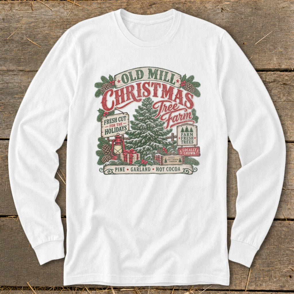 Old Mill Christmas Tree Farm graphic with pine, garland, and hot cocoa text.