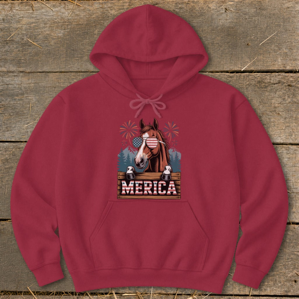 Red hoodie with horse wearing American flag sunglasses and "MERICA" text.