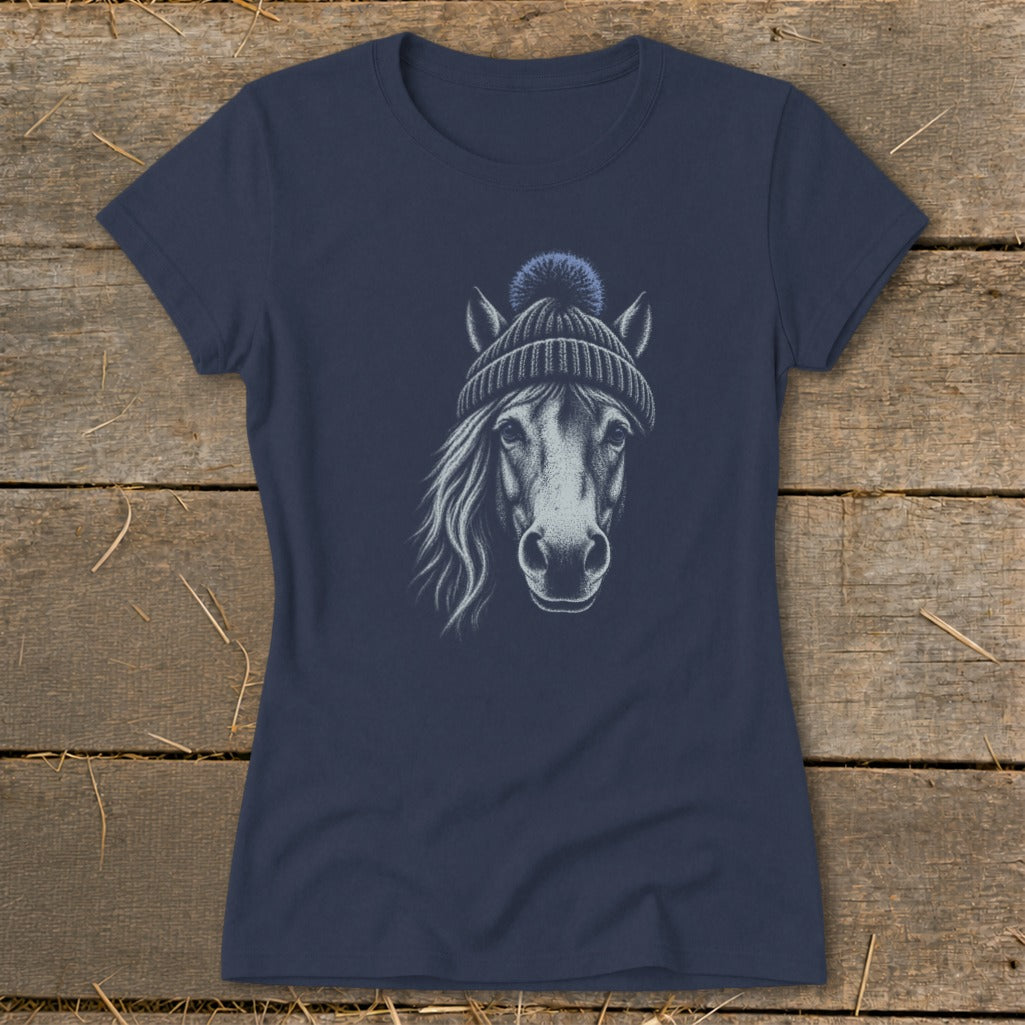 Navy t-shirt with sketch of a horse wearing a blue knit beanie.