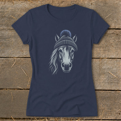 Navy t-shirt with sketch of a horse wearing a blue knit beanie.