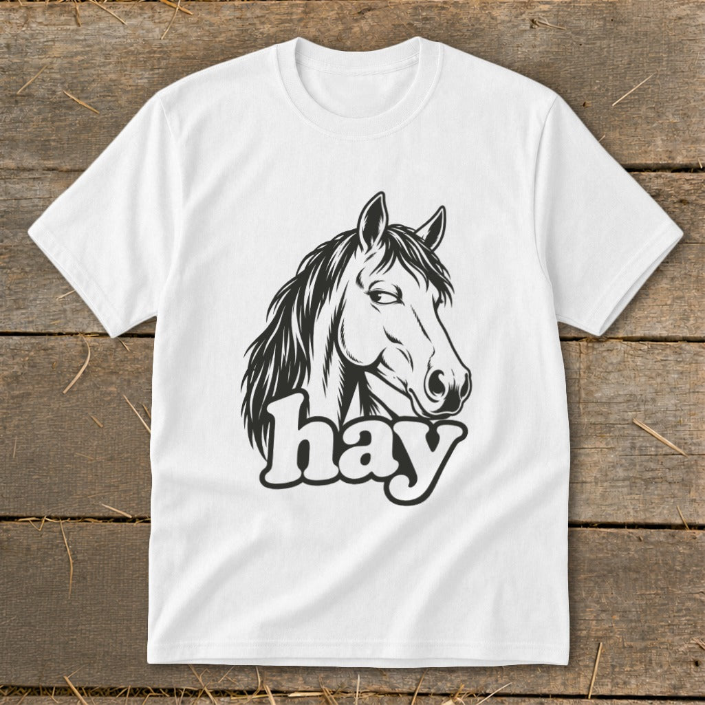 White t-shirt with black illustration of a horse's head and the word "hay".