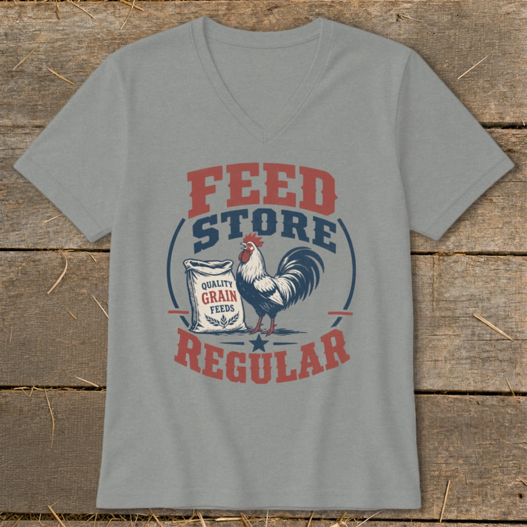Gray v-neck t-shirt with rooster and "Feed Store Regular Quality Grain Feeds" graphic.