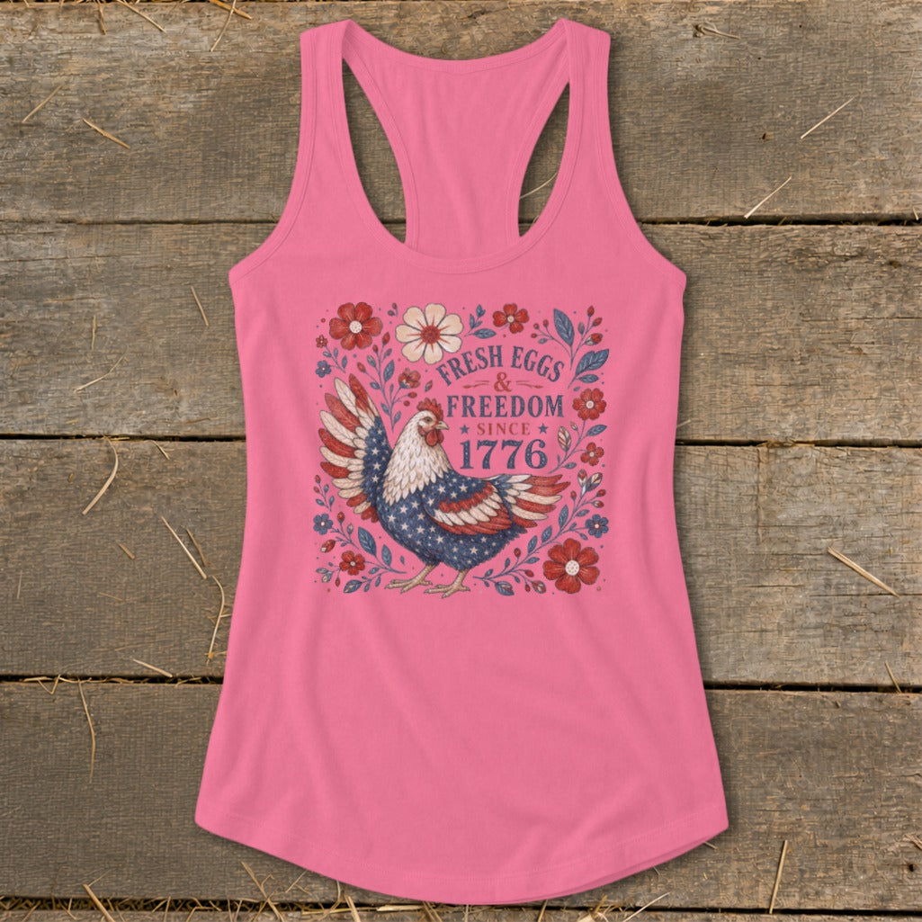 Pink tank top with a chicken in a star-spangled banner pattern.