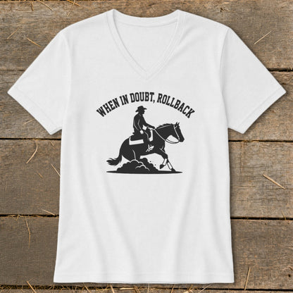 White v-neck t-shirt with black graphic of horse and rider with text "When in doubt, rollback".