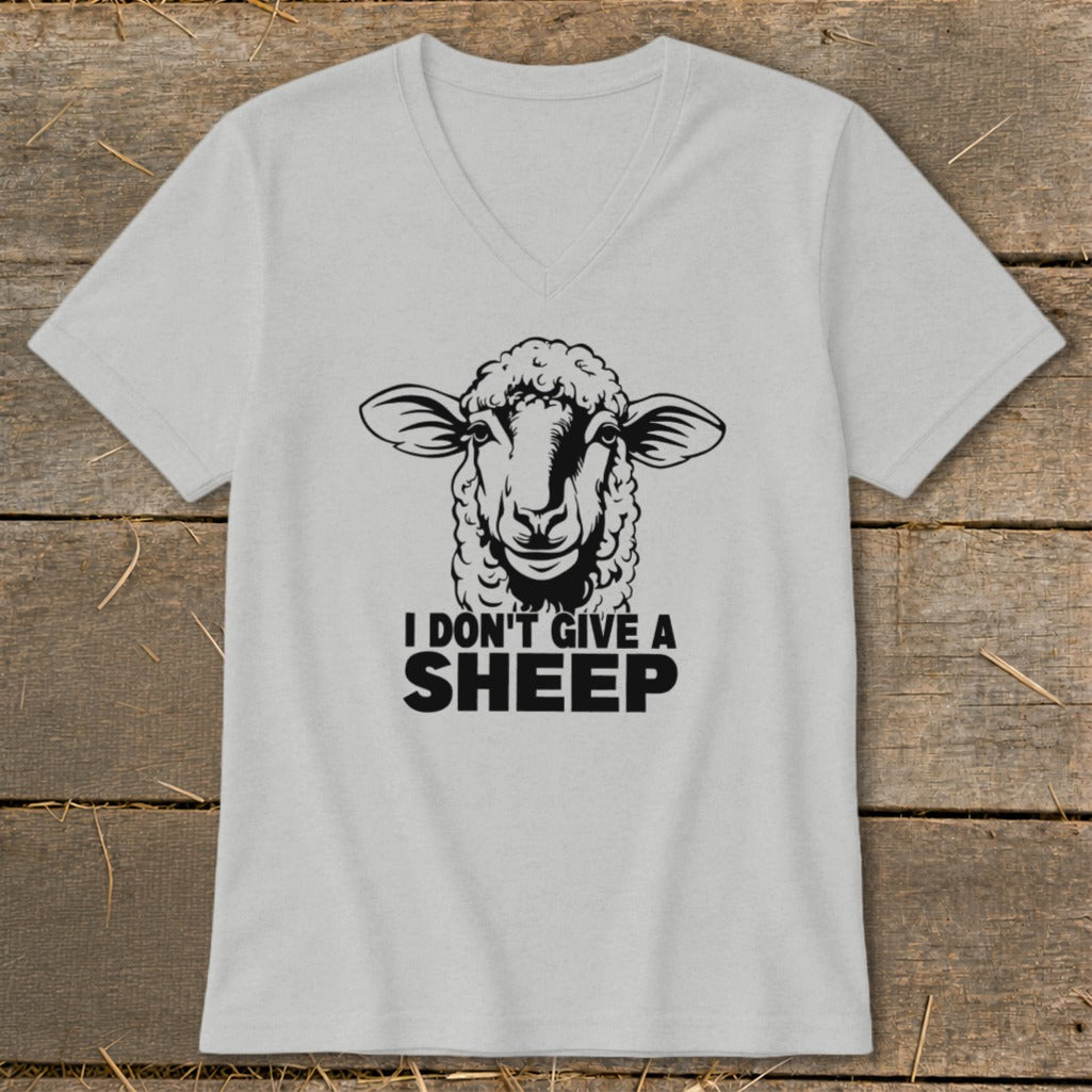 Light grey v-neck t-shirt with black graphic of a sheep and text "I DON'T GIVE A SHEEP".