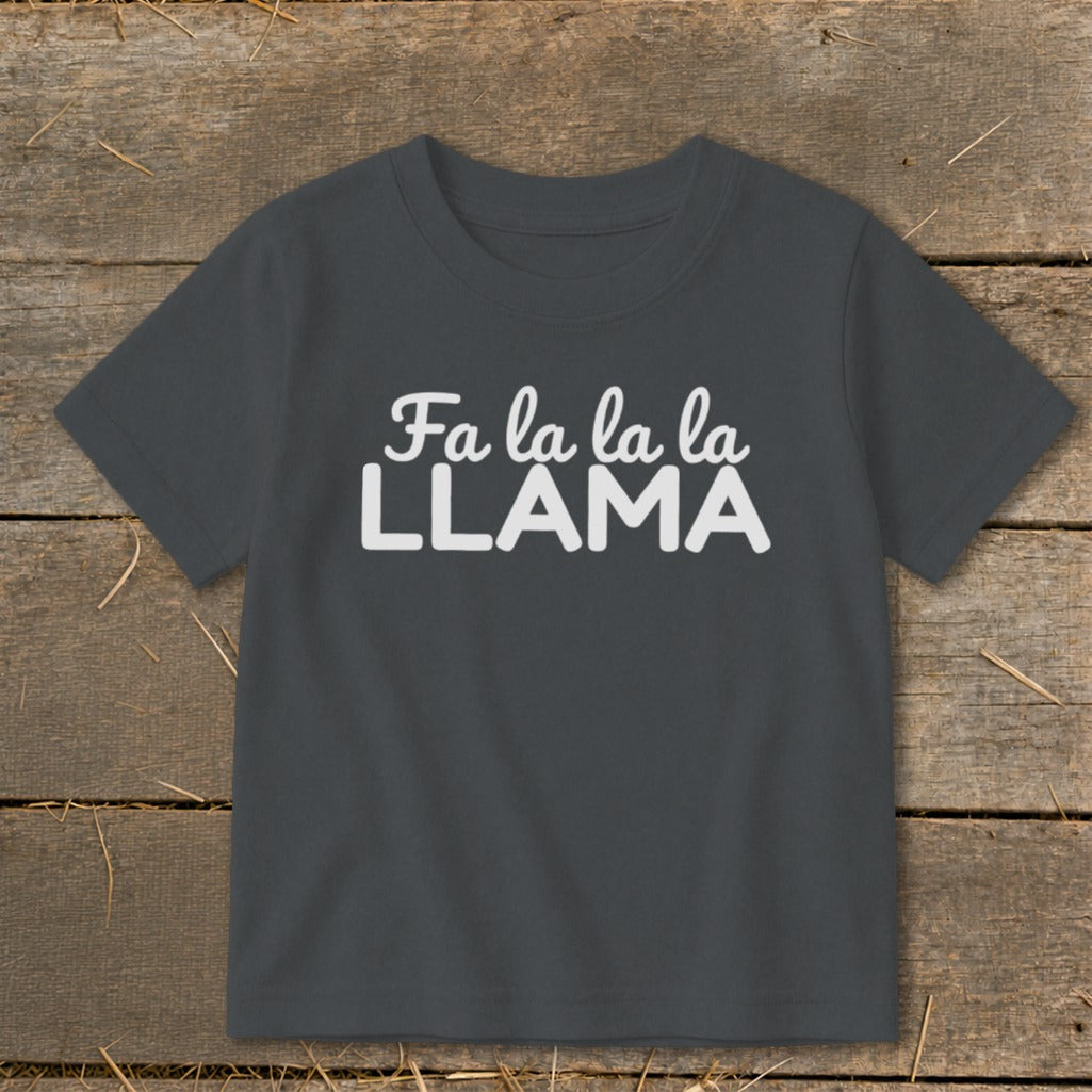 Dark grey t-shirt with white text "Fa la la la LLAMA".