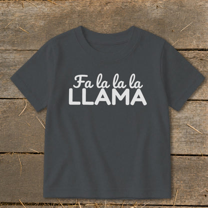 Dark grey t-shirt with white text "Fa la la la LLAMA".