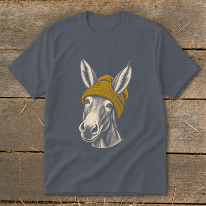Charcoal t-shirt with illustration of a donkey wearing a yellow beanie.