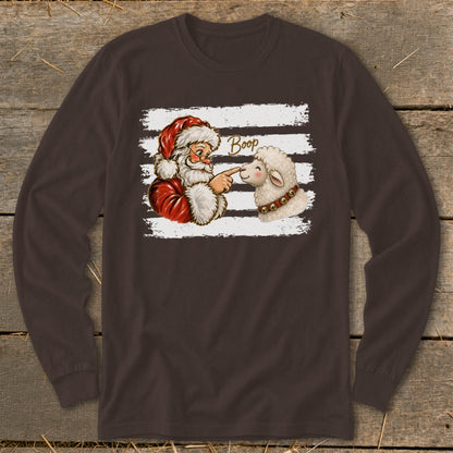 Santa boops a sheep with the word "Boop" above.