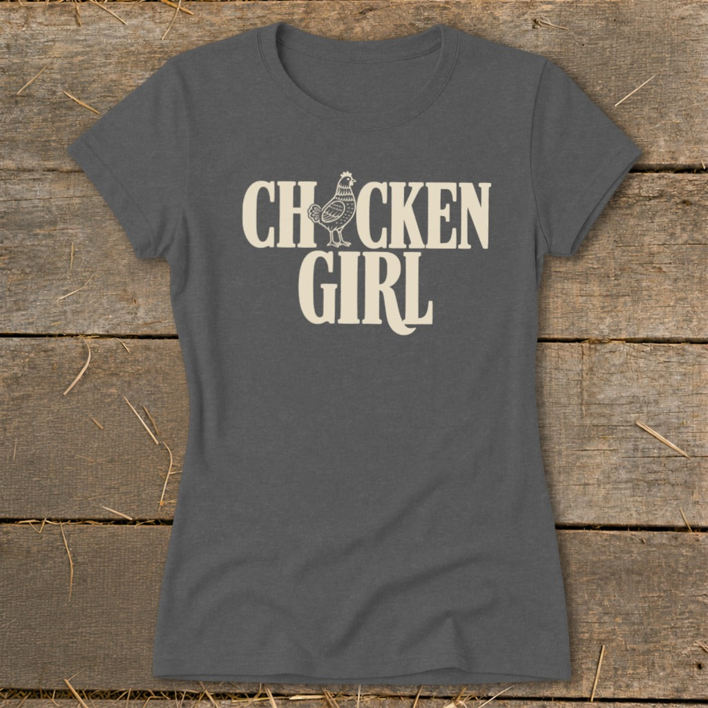 Dark grey t-shirt with text "CHICKEN GIRL" and a chicken illustration.