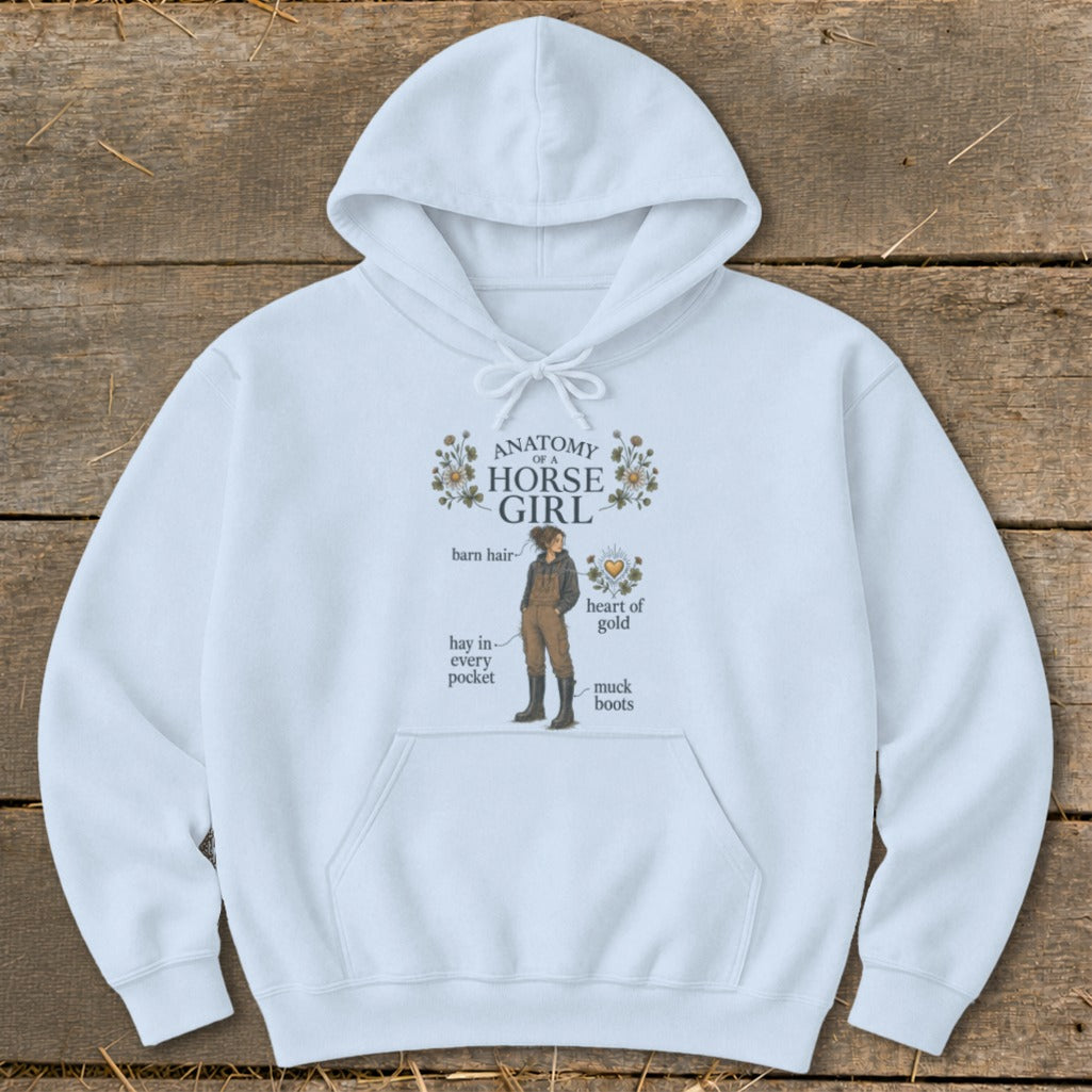 White hoodie with "Anatomy of a Horse Girl" illustration and labels.