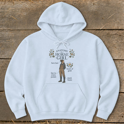 White hoodie with "Anatomy of a Horse Girl" illustration and labels.