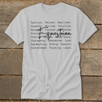 White t-shirt with a list of equestrian qualities and the phrase "Genuine Equestrian".