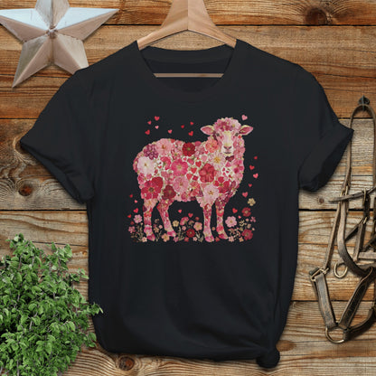 Pink Floral Sheep Design with Hearts Graphic T-Shirt