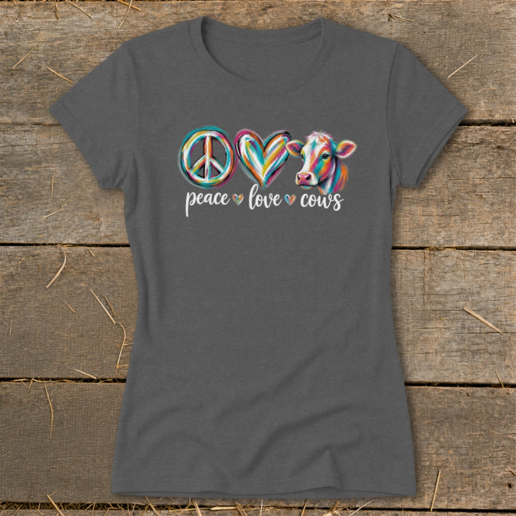 Gray t-shirt with "Peace Love Cows" text and colorful cow illustration.
