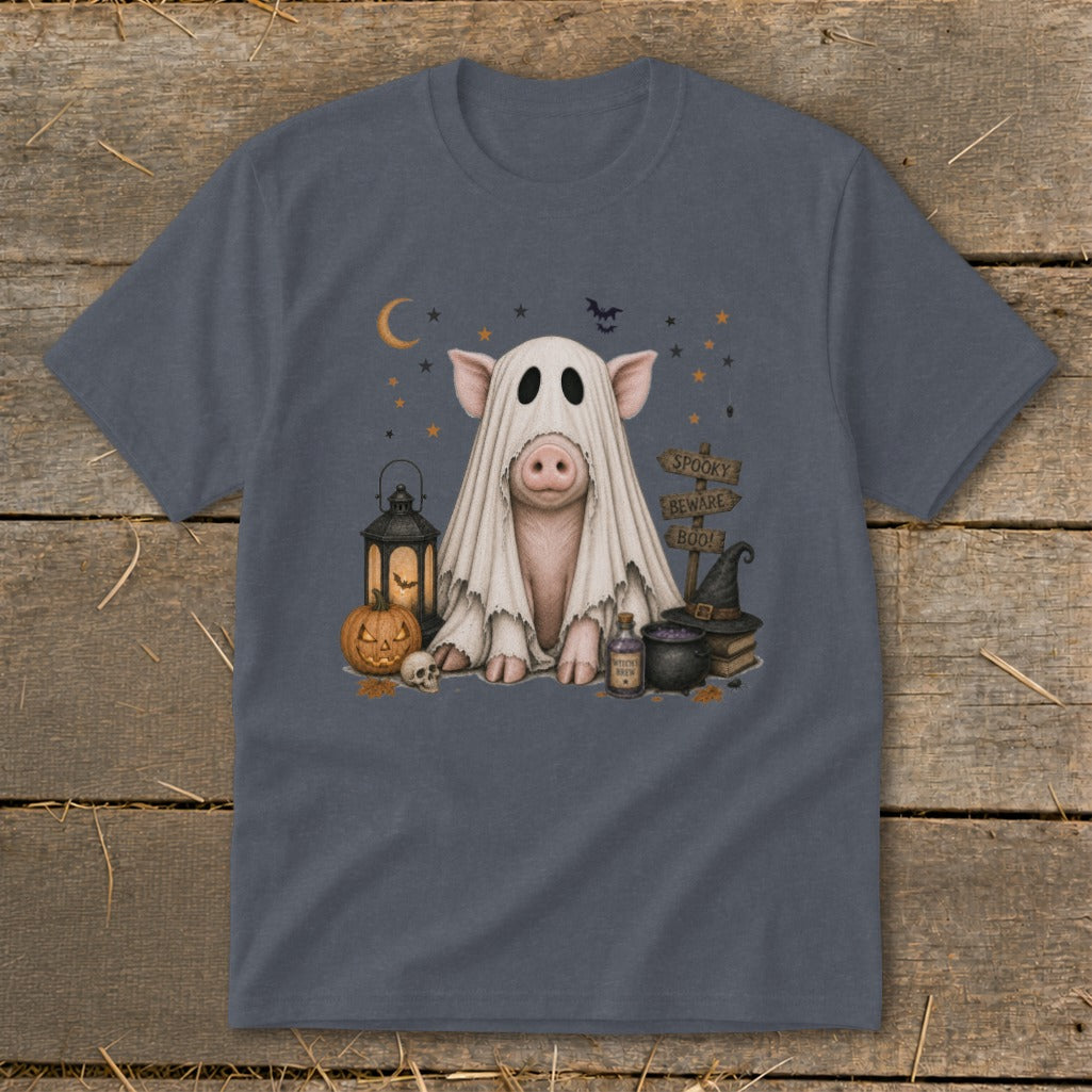 Pig in a ghost costume with Halloween decorations and text "Spooky Beware Boo!".