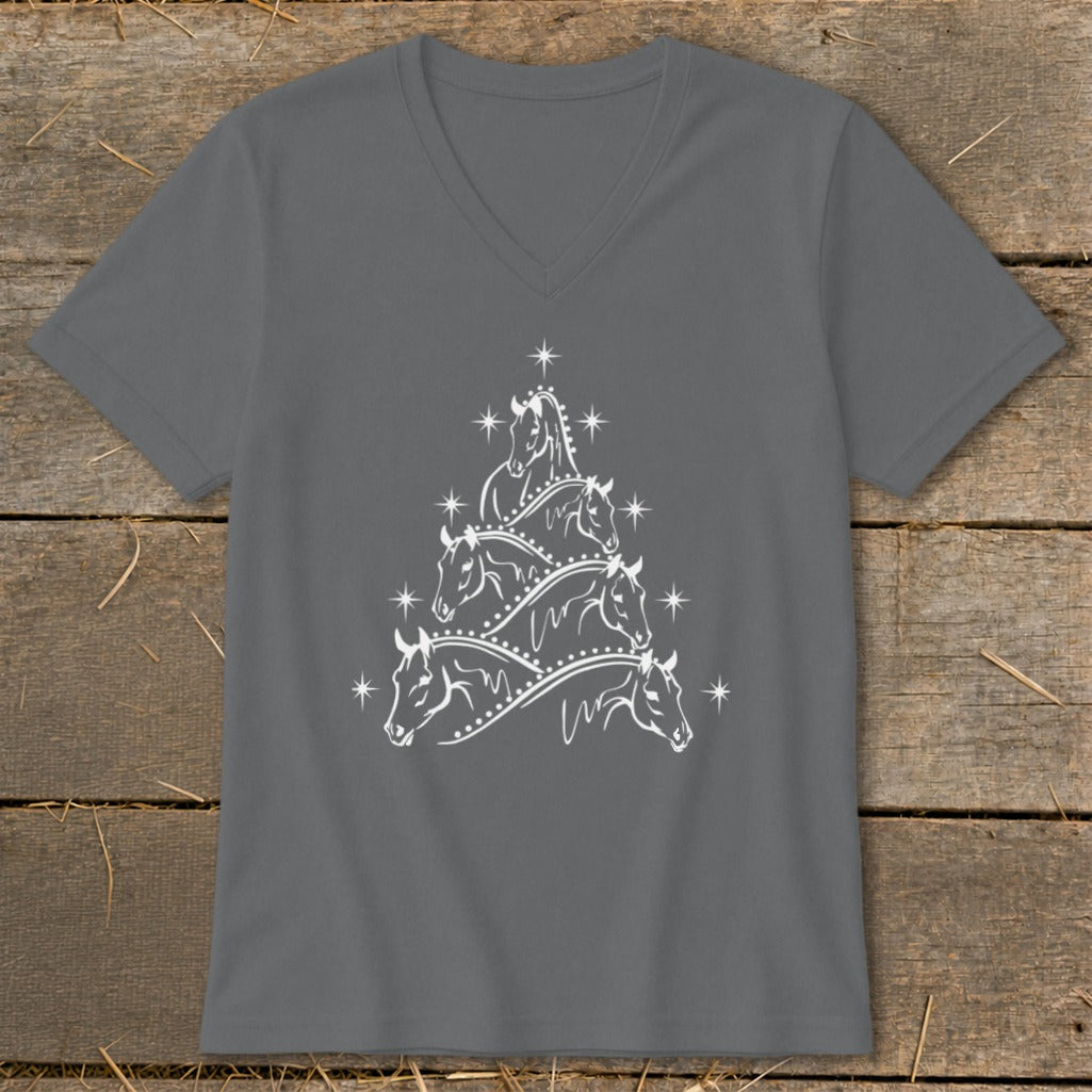 Gray t-shirt with white horse Christmas tree graphic and stars.