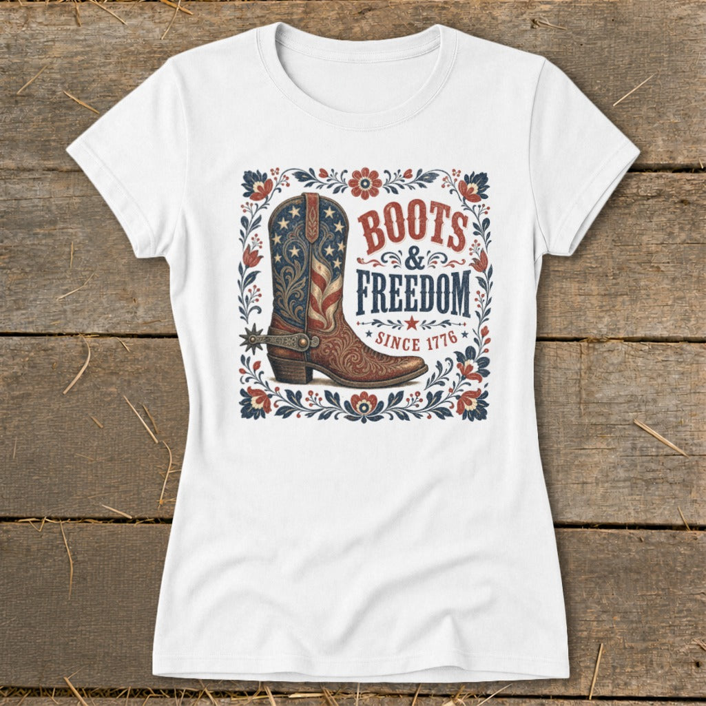 White t-shirt with cowboy boot graphic and text "Boots & Freedom Since 1776".
