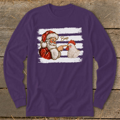 Santa booping a chicken with "Boop" text on a purple long-sleeve shirt.