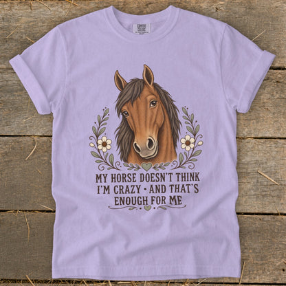 Lavender t-shirt with horse graphic and text "MY HORSE DOESN'T THINK I'M CRAZY AND THAT'S ENOUGH FOR ME."