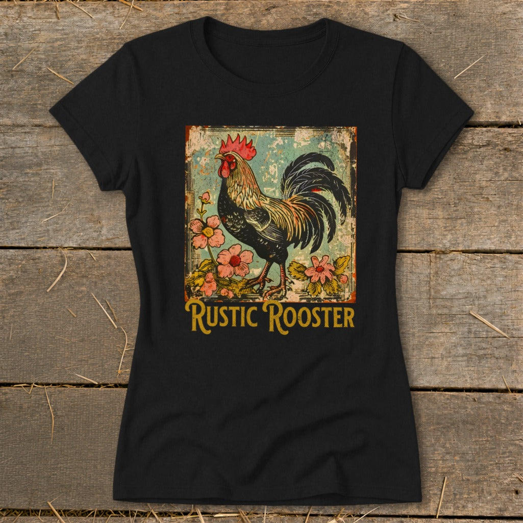 Black t-shirt with a vintage rooster and flowers design, reading "Rustic Rooster".