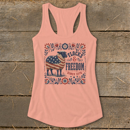 Peach tank top with sheep graphic and text "Flocks & Freedom Since 1776".