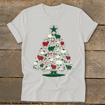 White t-shirt with a Christmas tree made of sheep, holly, and a star.