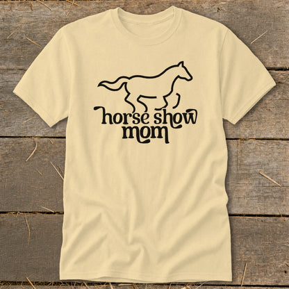 Pale yellow t-shirt with black horse silhouette and text "horse show mom".