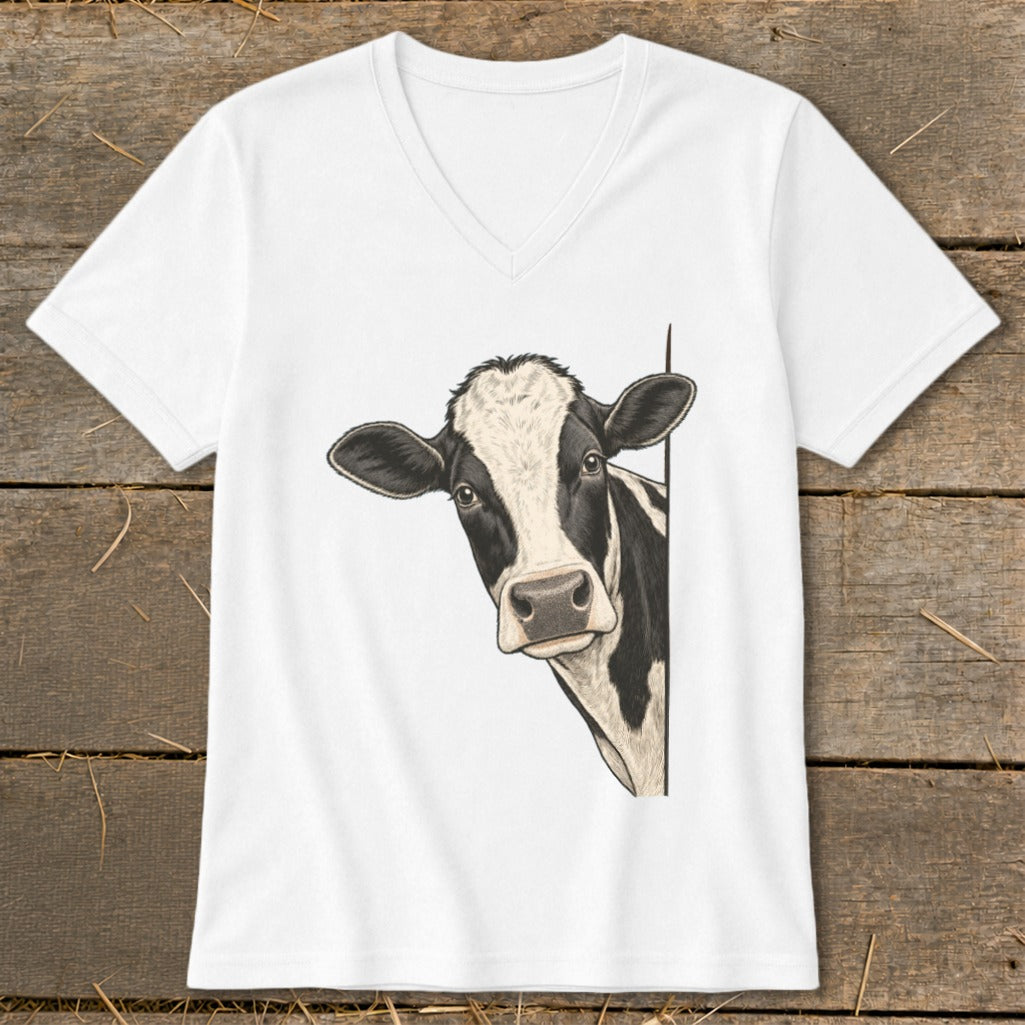 White v-neck t-shirt with a Holstein cow peeking from the side.