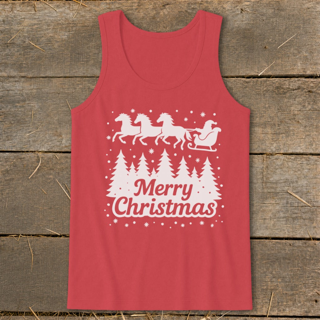 Red tank top with white Christmas graphic featuring horses, sleigh, trees, and text.