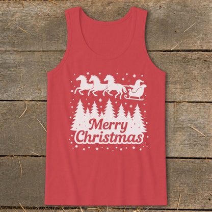 Red tank top with white Christmas graphic featuring horses, sleigh, trees, and text.