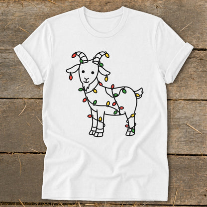 White t-shirt with a black outline drawing of a goat wrapped in colorful Christmas lights.