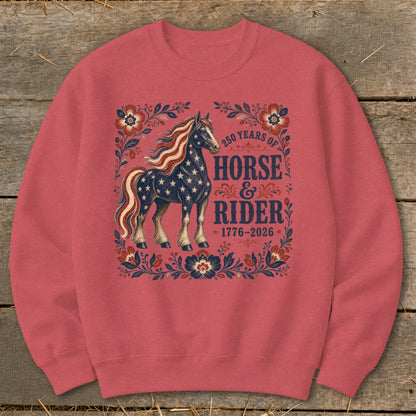 Crewneck sweatshirt with a patriotic horse and floral design celebrating 250 years of Horse & Rider.
