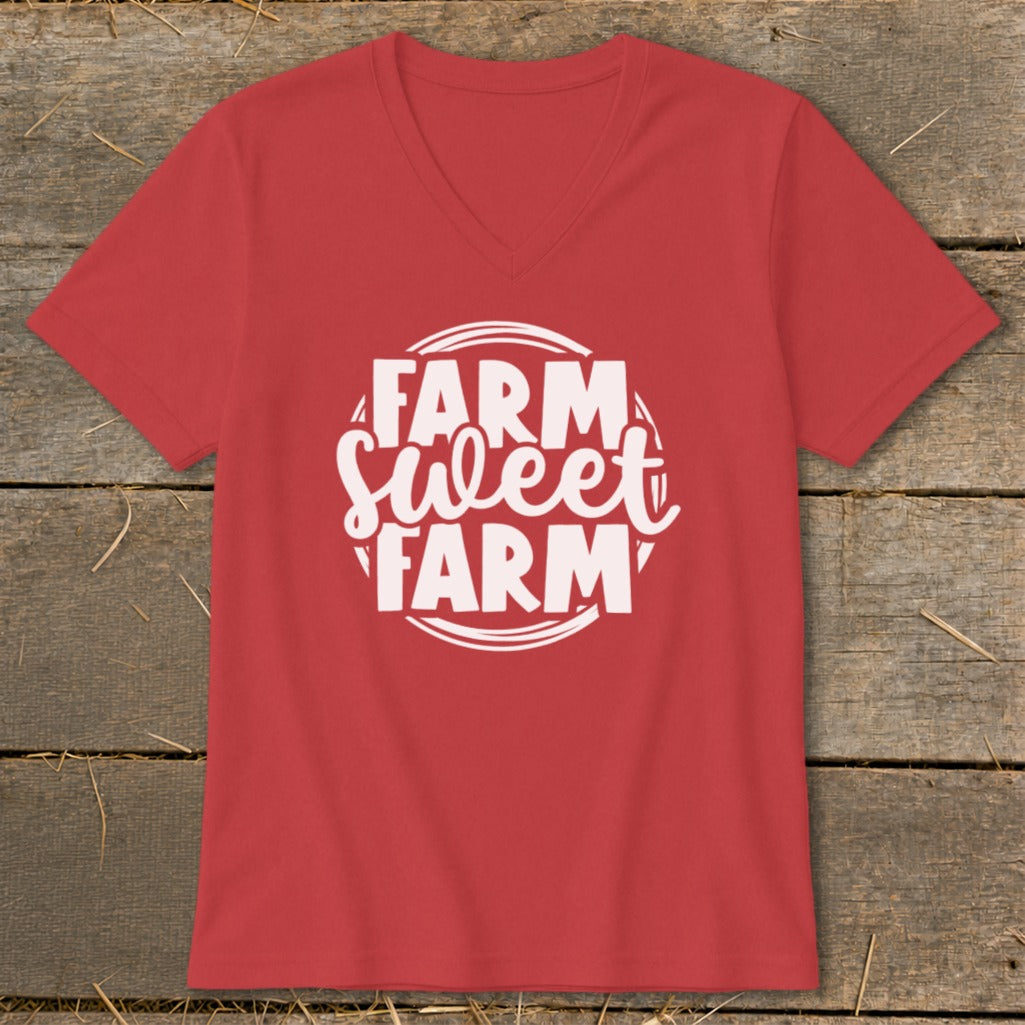 Red v-neck t-shirt with "FARM Sweet FARM" graphic in white.