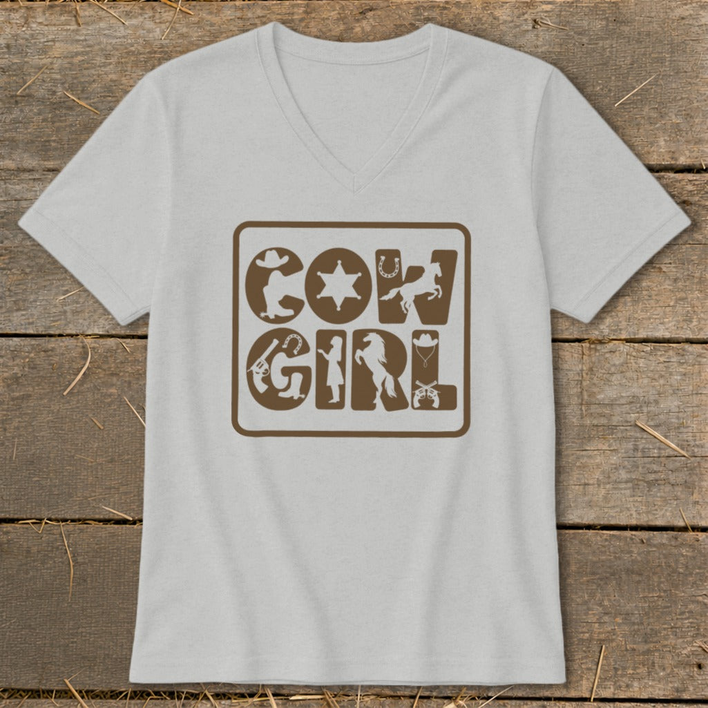 Gray v-neck t-shirt with "COW GIRL" text and western graphics.