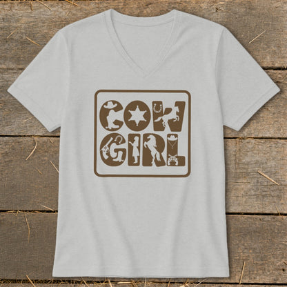 Gray v-neck t-shirt with "COW GIRL" text and western graphics.