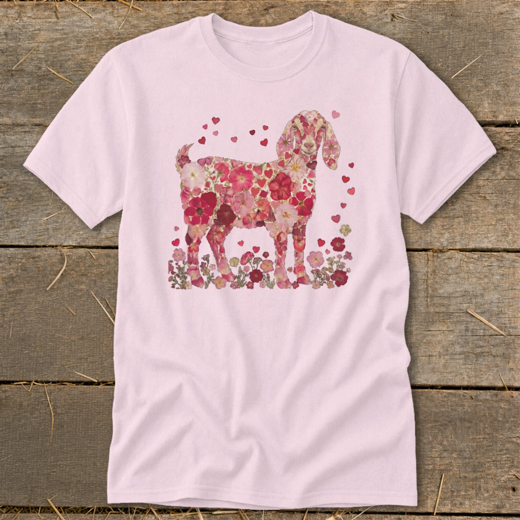 Pink t-shirt featuring a goat silhouette filled with pink and red flowers.