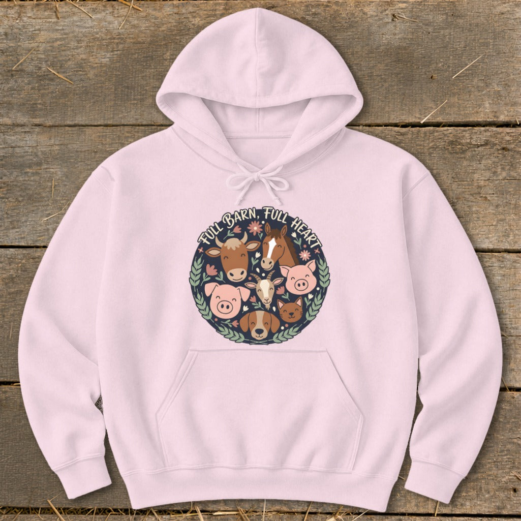 Pink hoodie with a circular graphic of farm animals and text: "FULL BARN, FULL HEART".