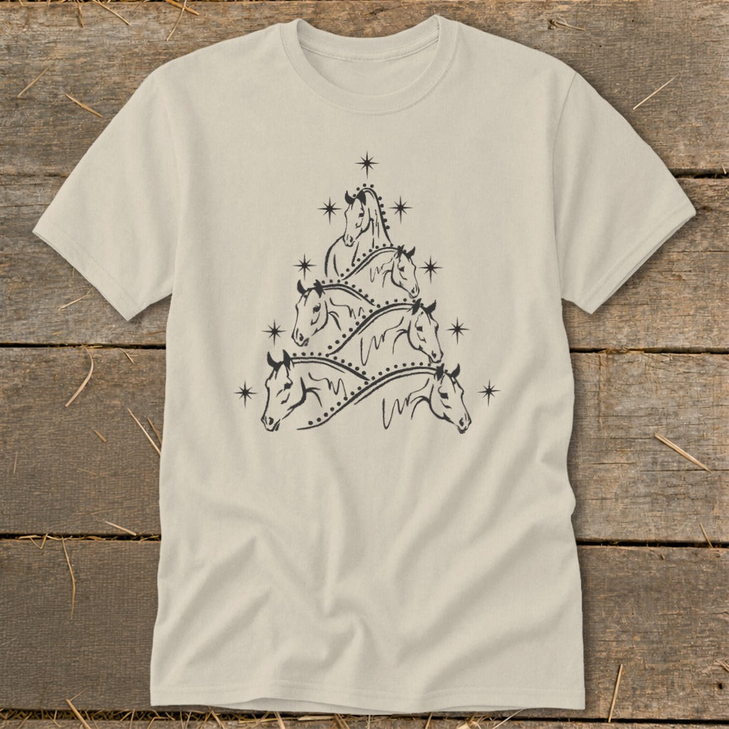 T-shirt with a black line drawing of horses forming a Christmas tree.