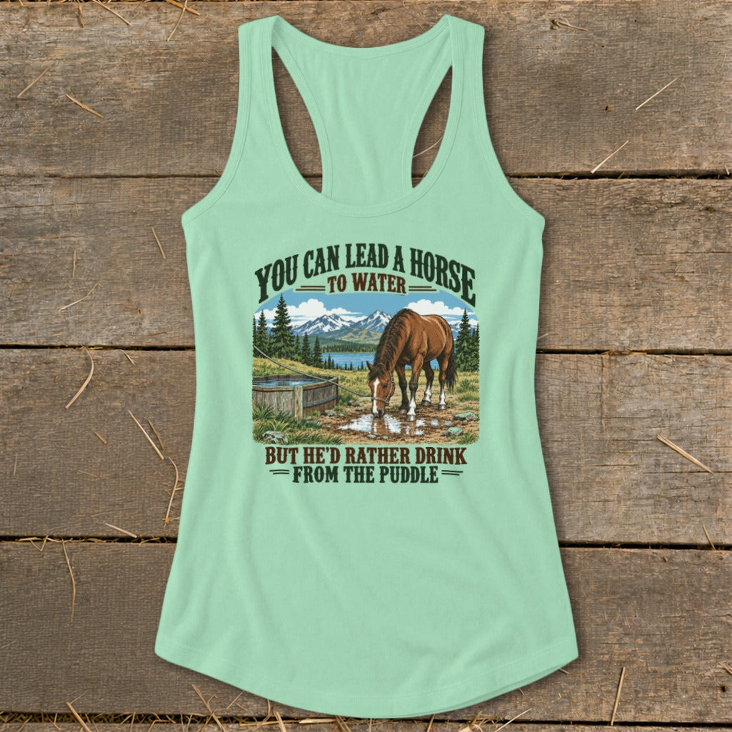 Light green racerback tank top with a graphic of a horse drinking from a puddle.