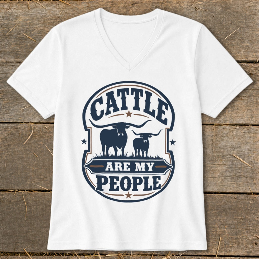 White v-neck shirt with a circular graphic that says "Cattle Are My People" and features cattle silhouettes.