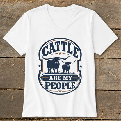 White v-neck shirt with a circular graphic that says "Cattle Are My People" and features cattle silhouettes.