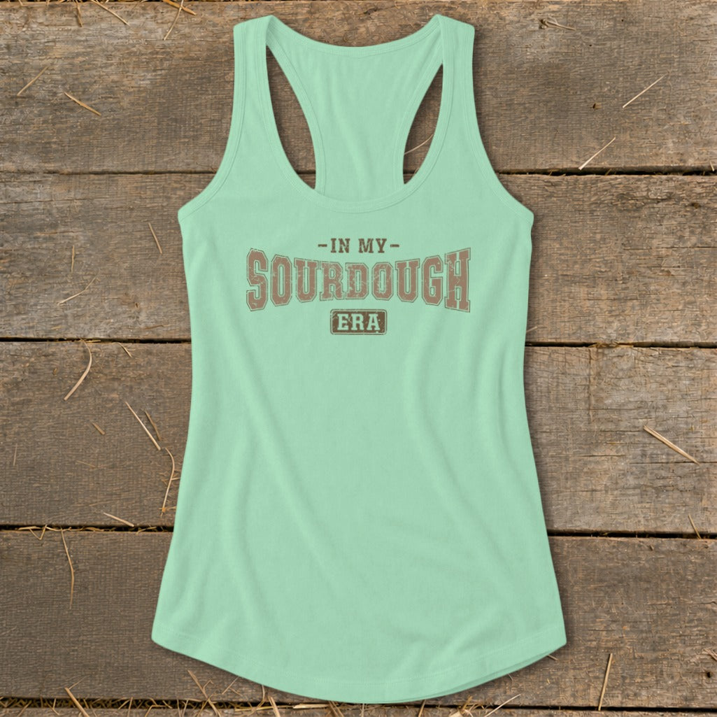 Mint green racerback tank top with "In My Sourdough Era" text graphic.