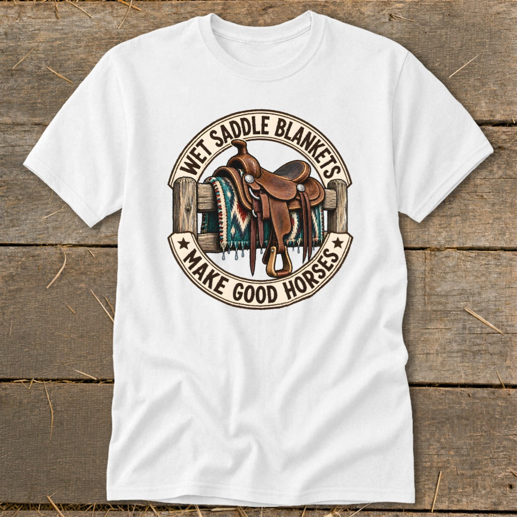 White t-shirt with a circular graphic of a saddle, fence, and text.