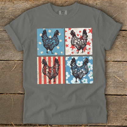 Four vintage chickens with floral patterns on patriotic backgrounds.