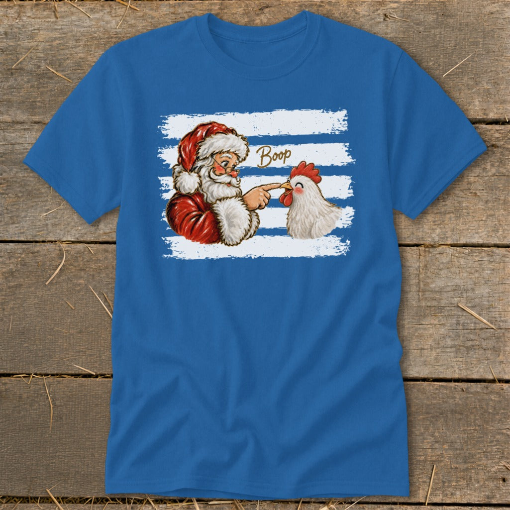 Santa booping a chicken with the word "Boop" written above.