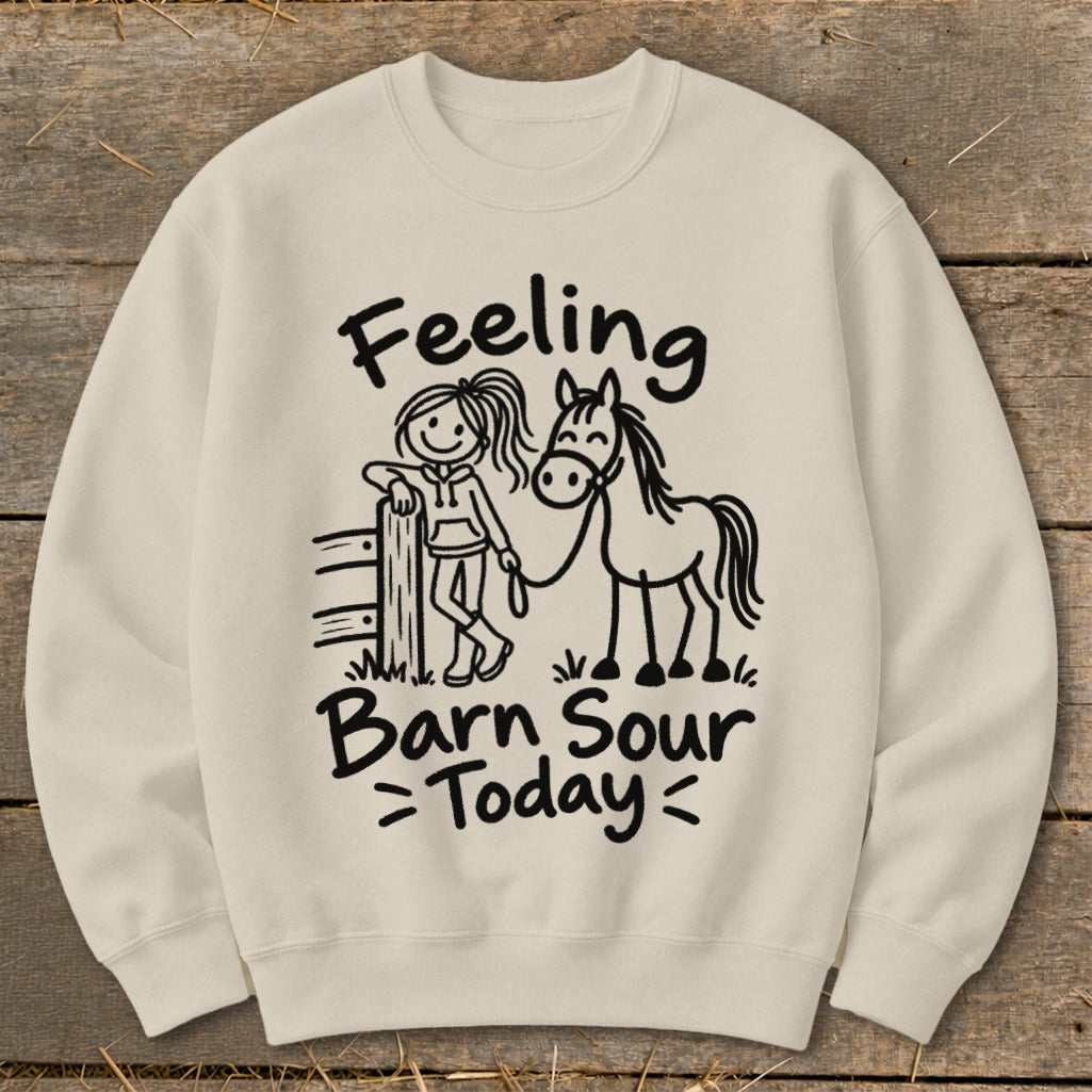 Cream sweatshirt with cartoon girl and horse, text "Feeling Barn Sour Today".